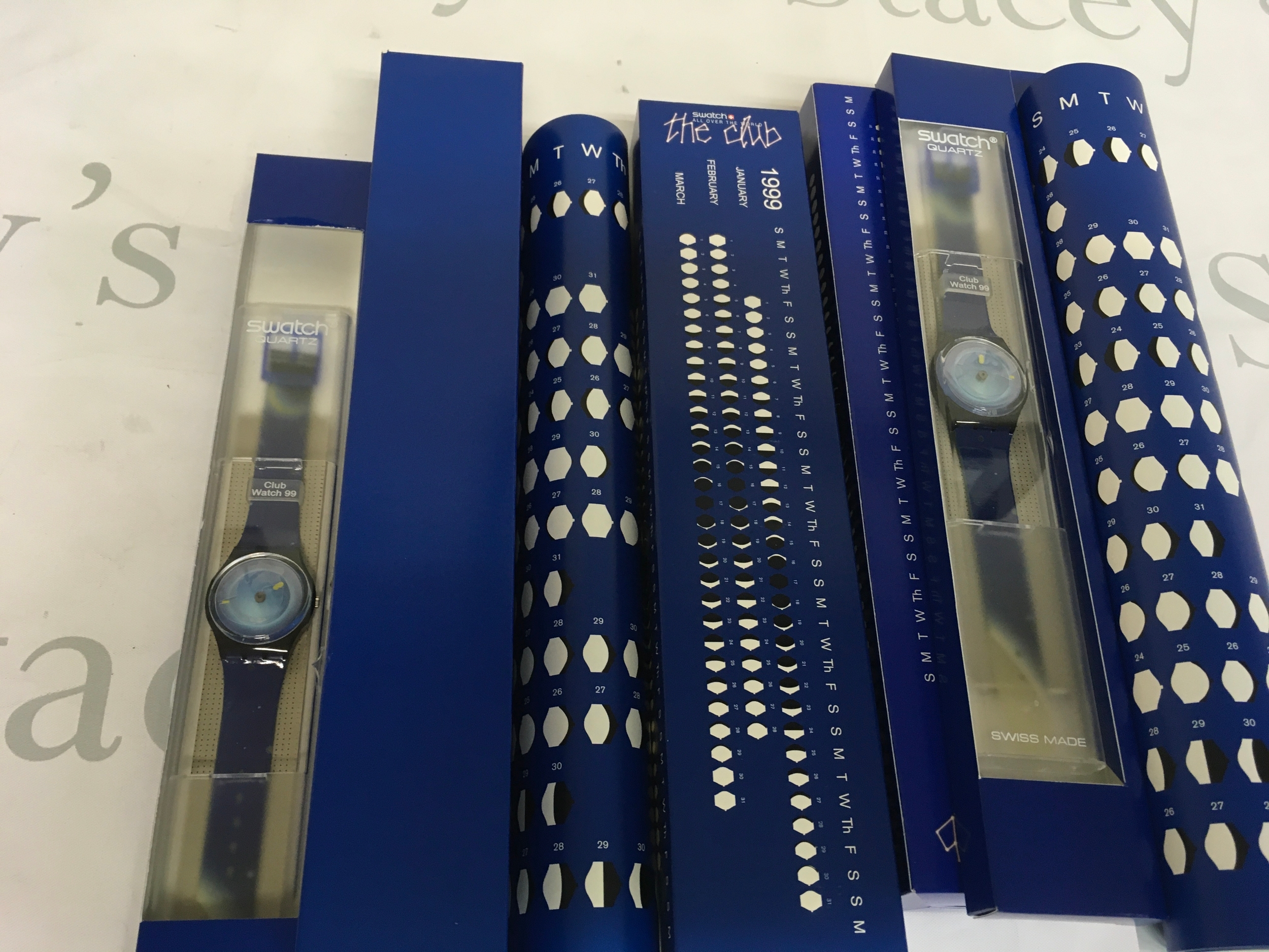 Two Swatch Space Dreams (GZ160) watch from 1999, featuring a deep blue strap and a unique dial designed by artist Jean-Michel Folon