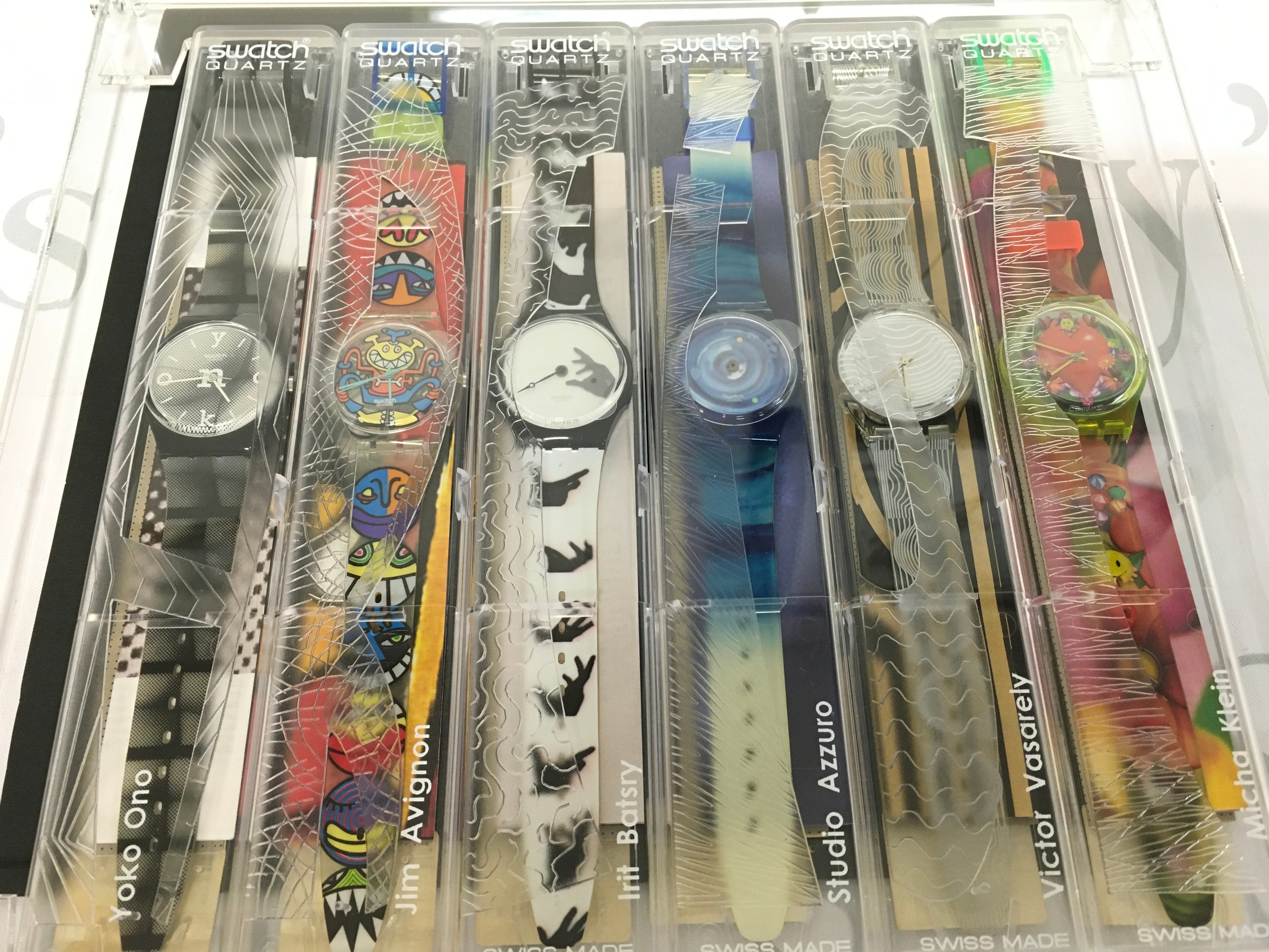 Swatch Artist Special "Boston Art of Time 2" collection released in 1996. It features six limited-edition watches designed by different artists, including Yoko Ono, Jim Avignon, and Micha Klein.