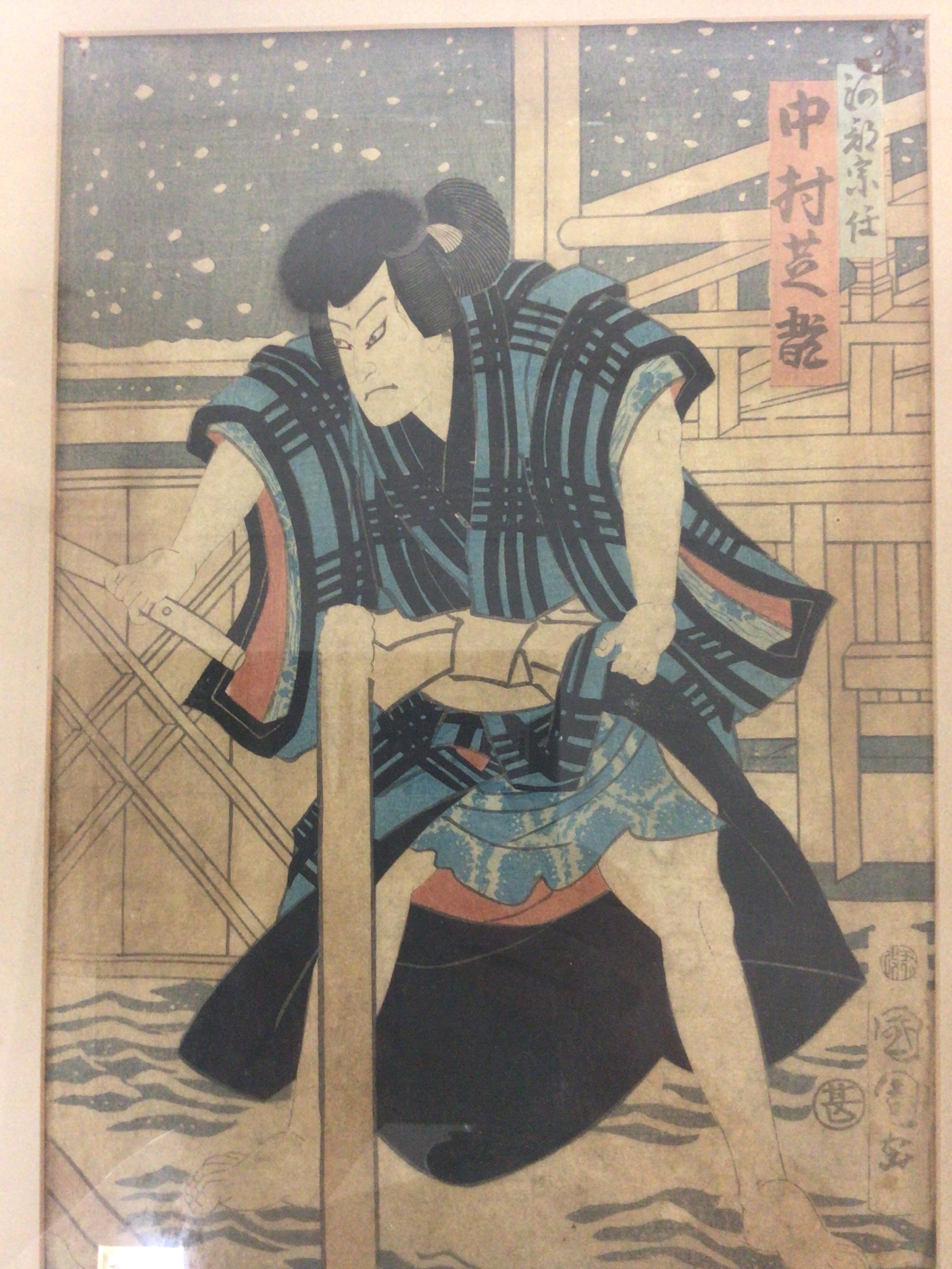  A Japanese 19th century Edo period woodblock print of Kabuki Actor signed lower right. 41x60cm 