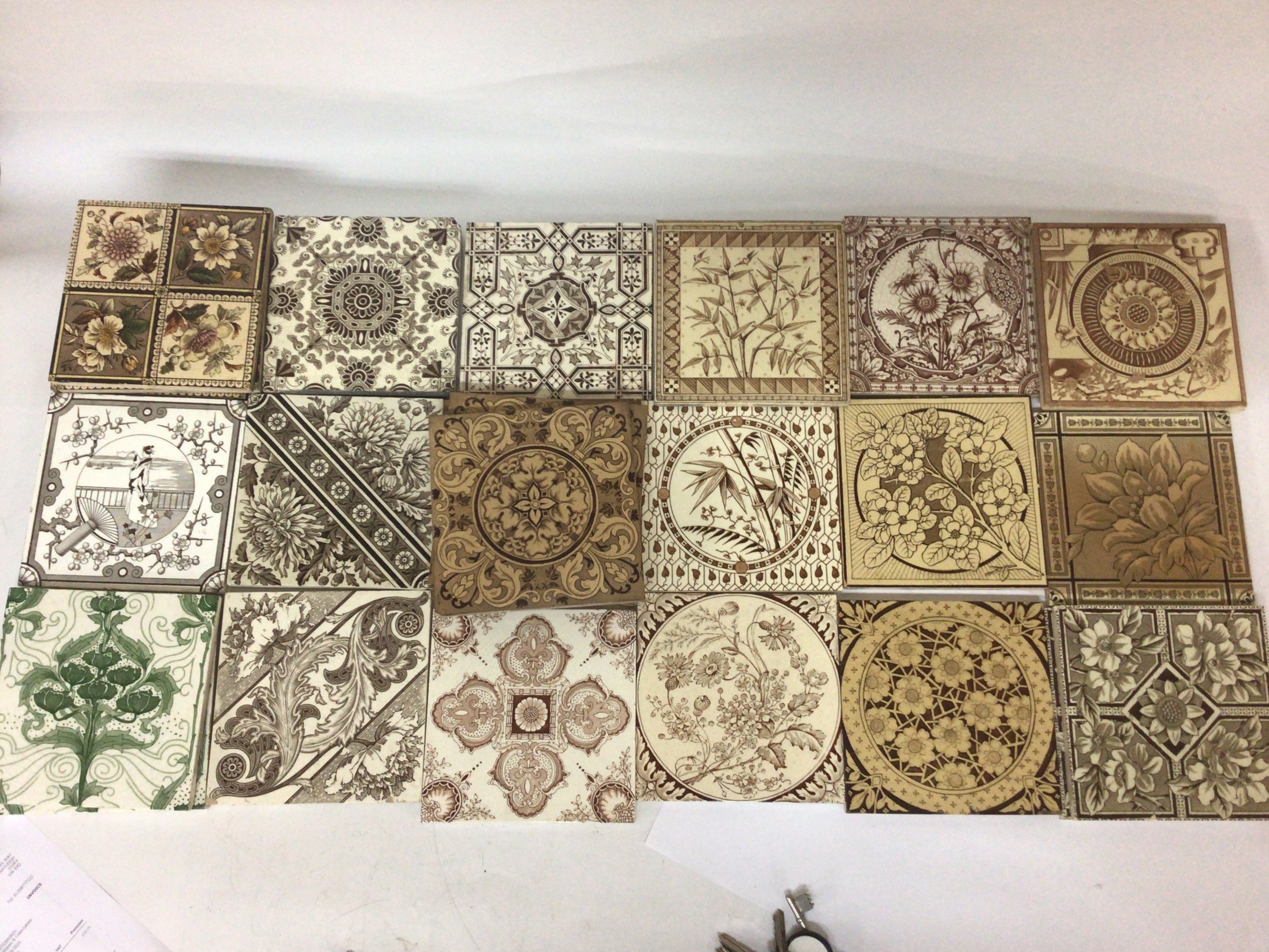  A Collection of Genuine Victorian Ceramic tiles mixed patterns some duplicates. Including some Minton tiles most 15.5x15.5cm 