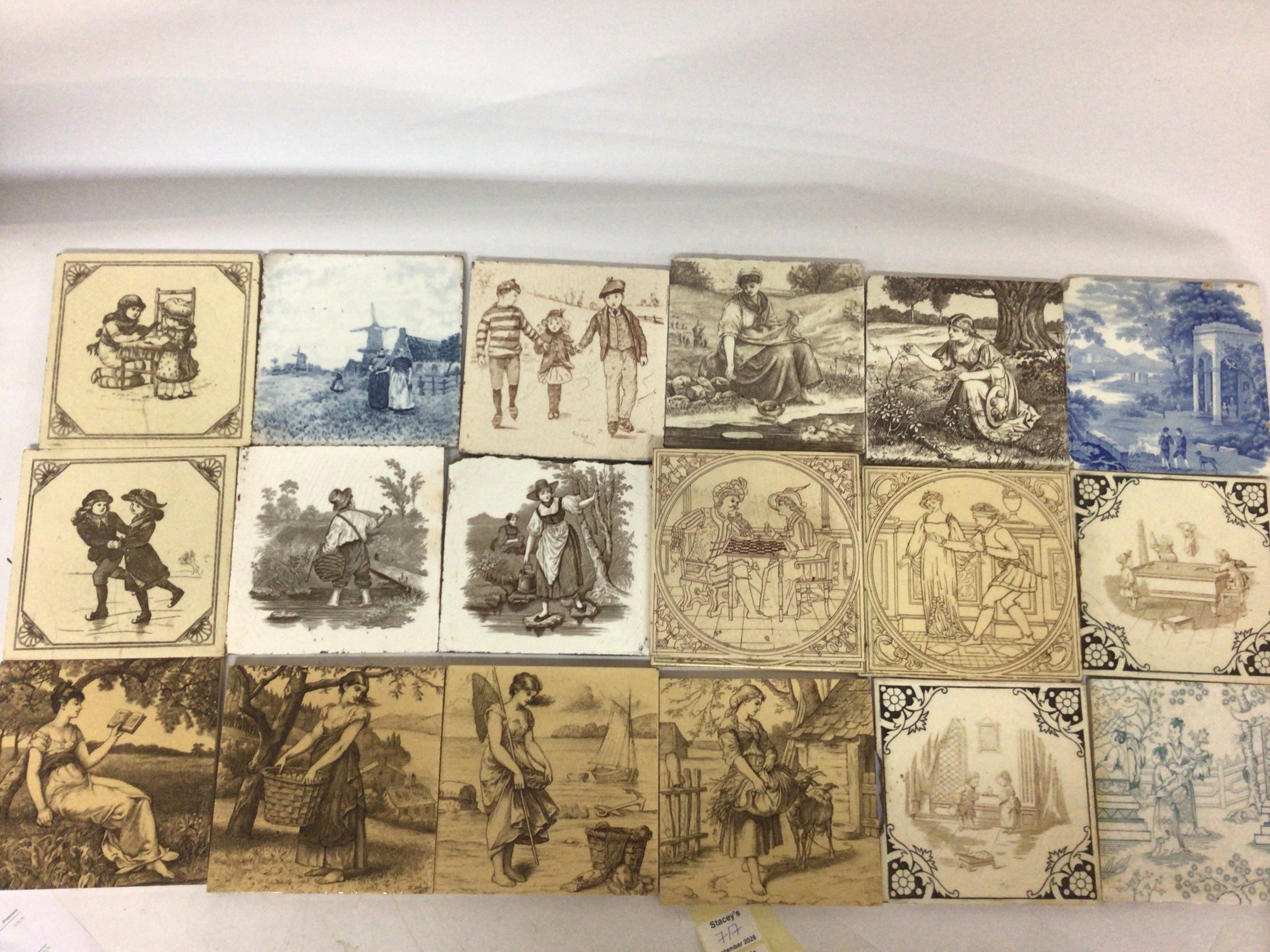  A collection of Victorian quality ceramic Minton and other tiles including a series of tiles designed by William Wise for Minton. All people pictorial patterns. 