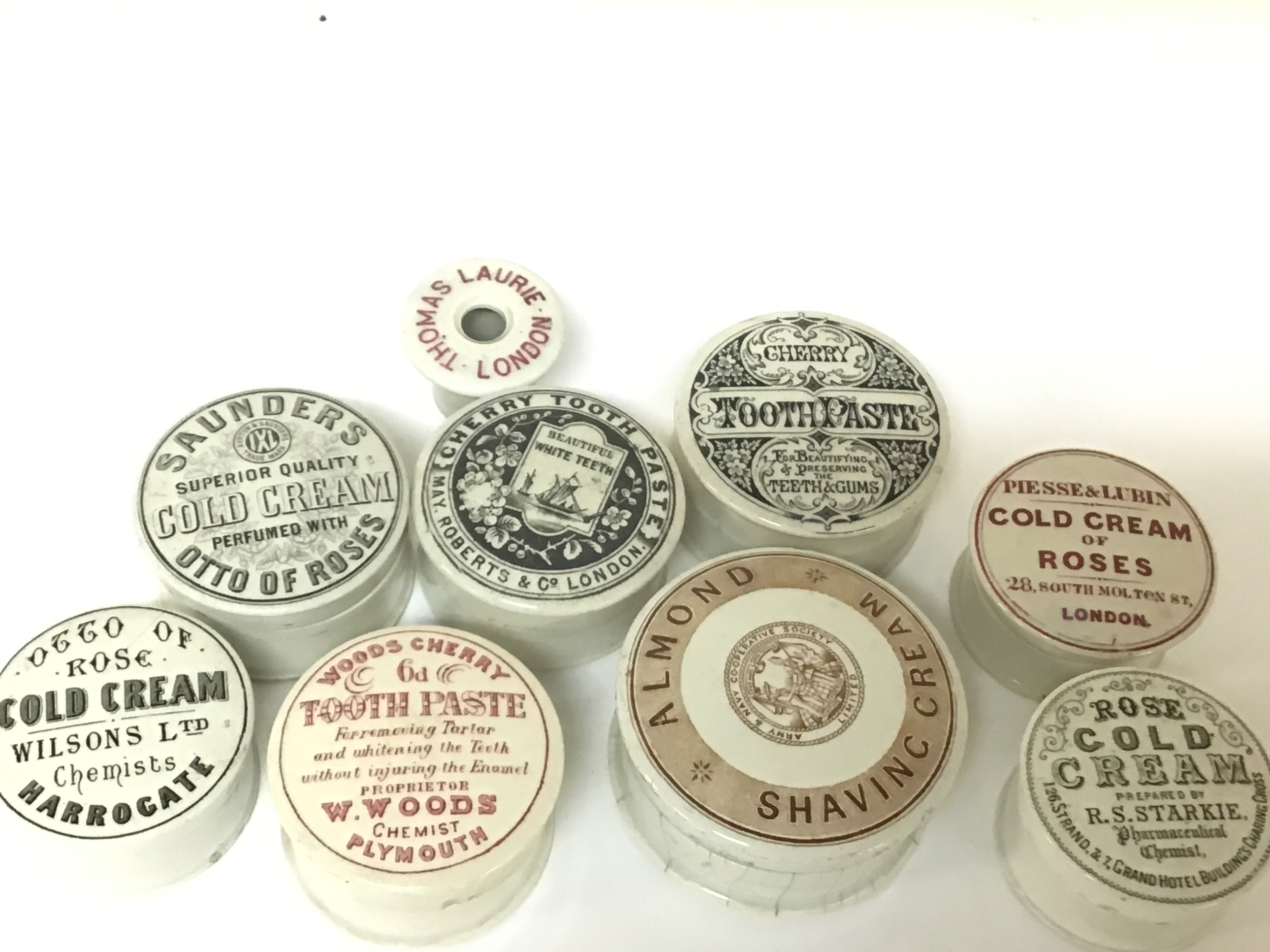  A collection of Victorian ceramic Toothpaste Cold Cream and shaving cream pots good condition 