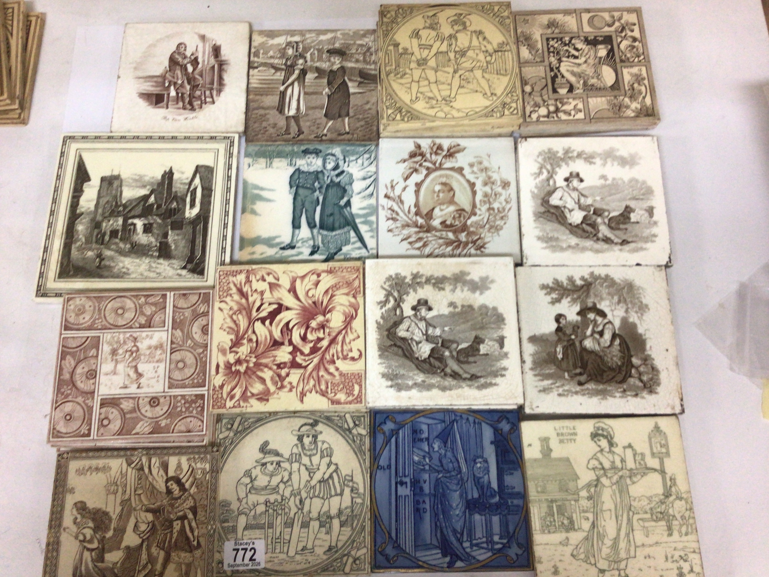  A collection of Victorian Minton and other ceramics tiles mainly decorated with figures including some sets. 