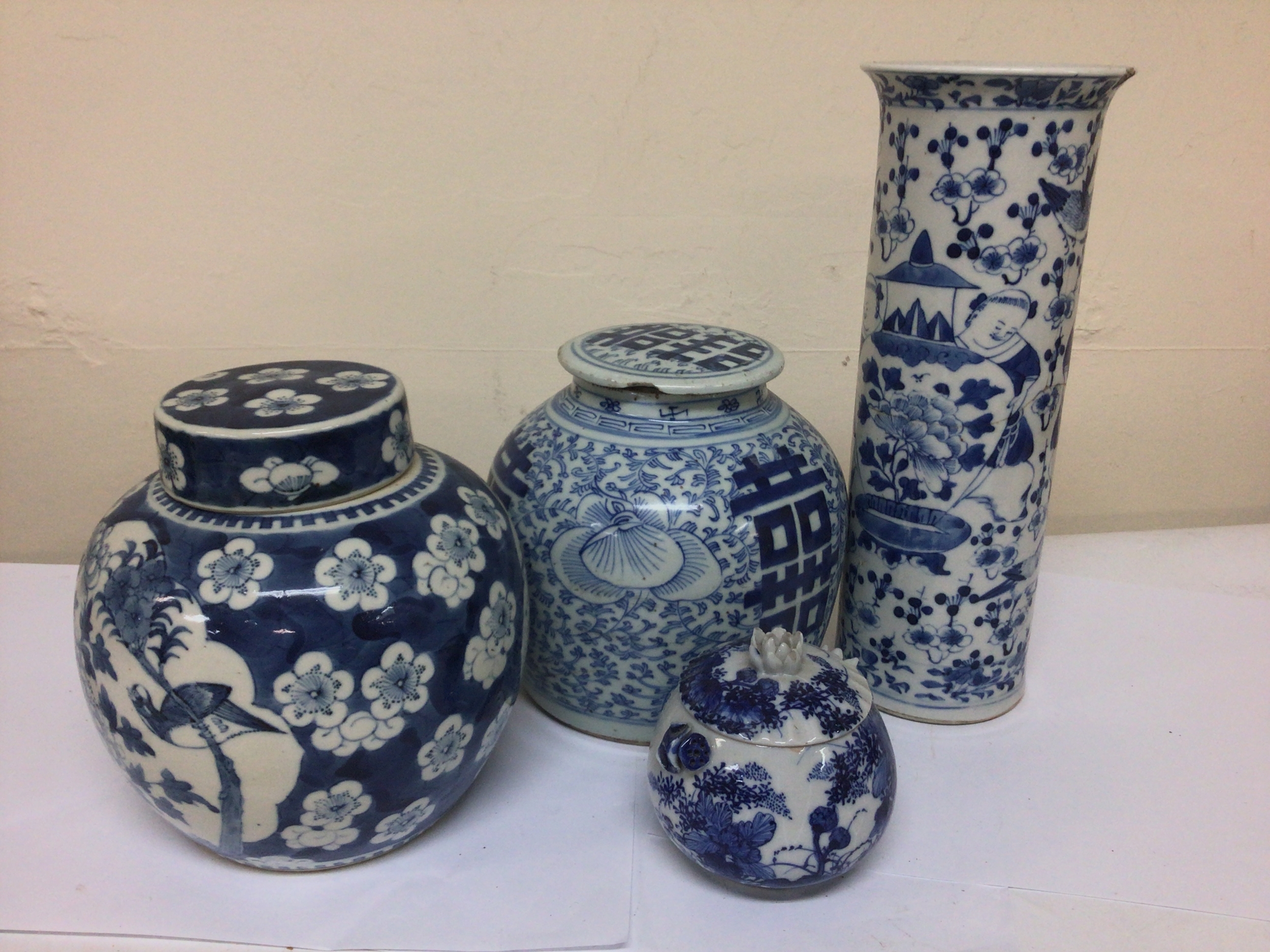 Two Chinese 19th centuryExport  porcelain blue and white ginger jars a vase and a 19th century Japanese Arita blue and white pot. Maximum height 31cm some chips to rims. 
