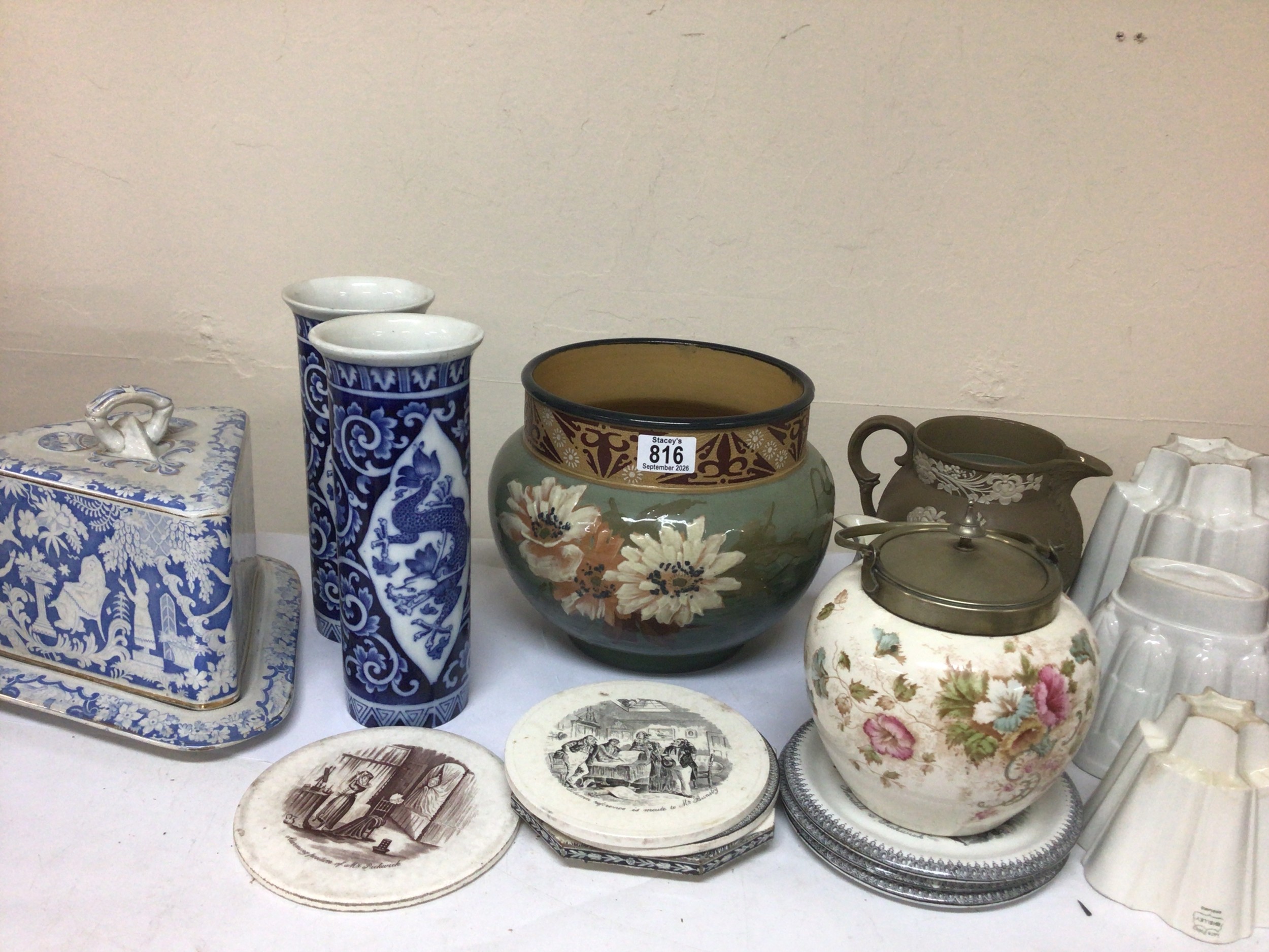 A decorative Langle jardiniere a Victorian cheese dish a quantity of Shelley jelly moulds and early Victorian sprigg decorated jugs.
