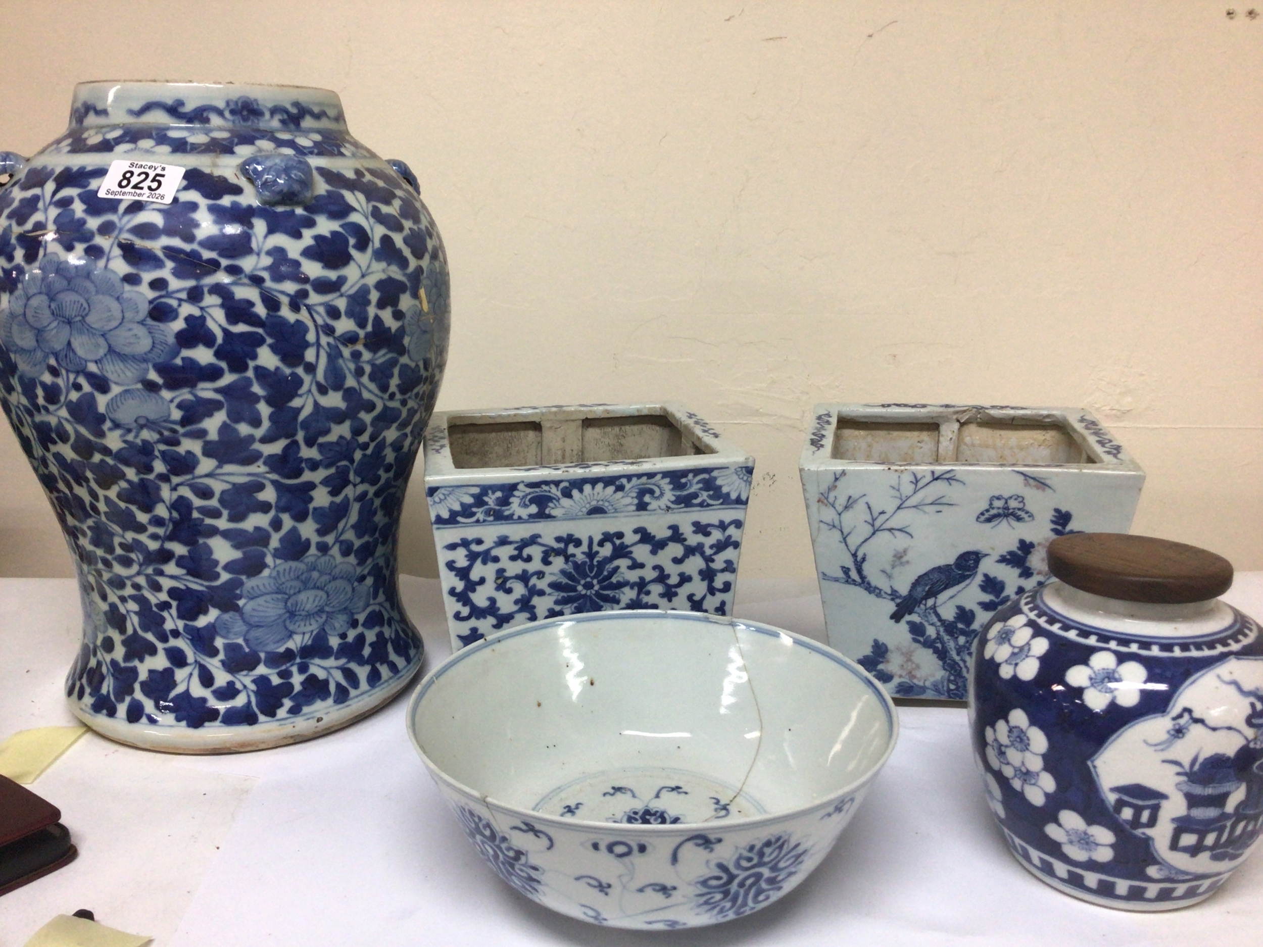  Chinese 18th century and 19th century export porcelain a bowl and large vase a ginger jar and two square tapering plant jardiniere pots. Some damage maximum height 38cm 