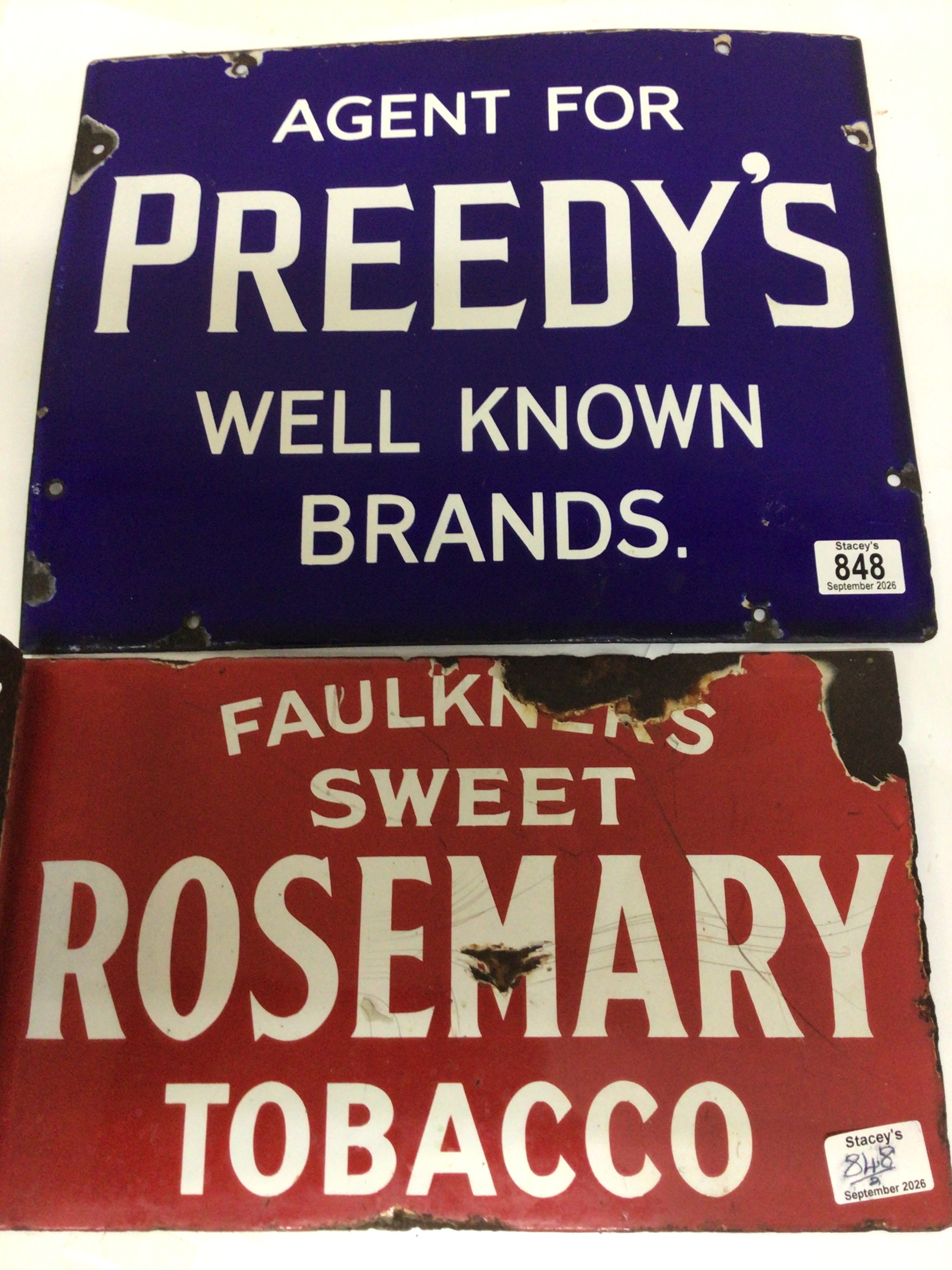  Two Vintage enamel signs a double sided Faulkners Sweet Rosemary Tobacco and Agent for Preedys 41x33cm and 38x23cm (2) 