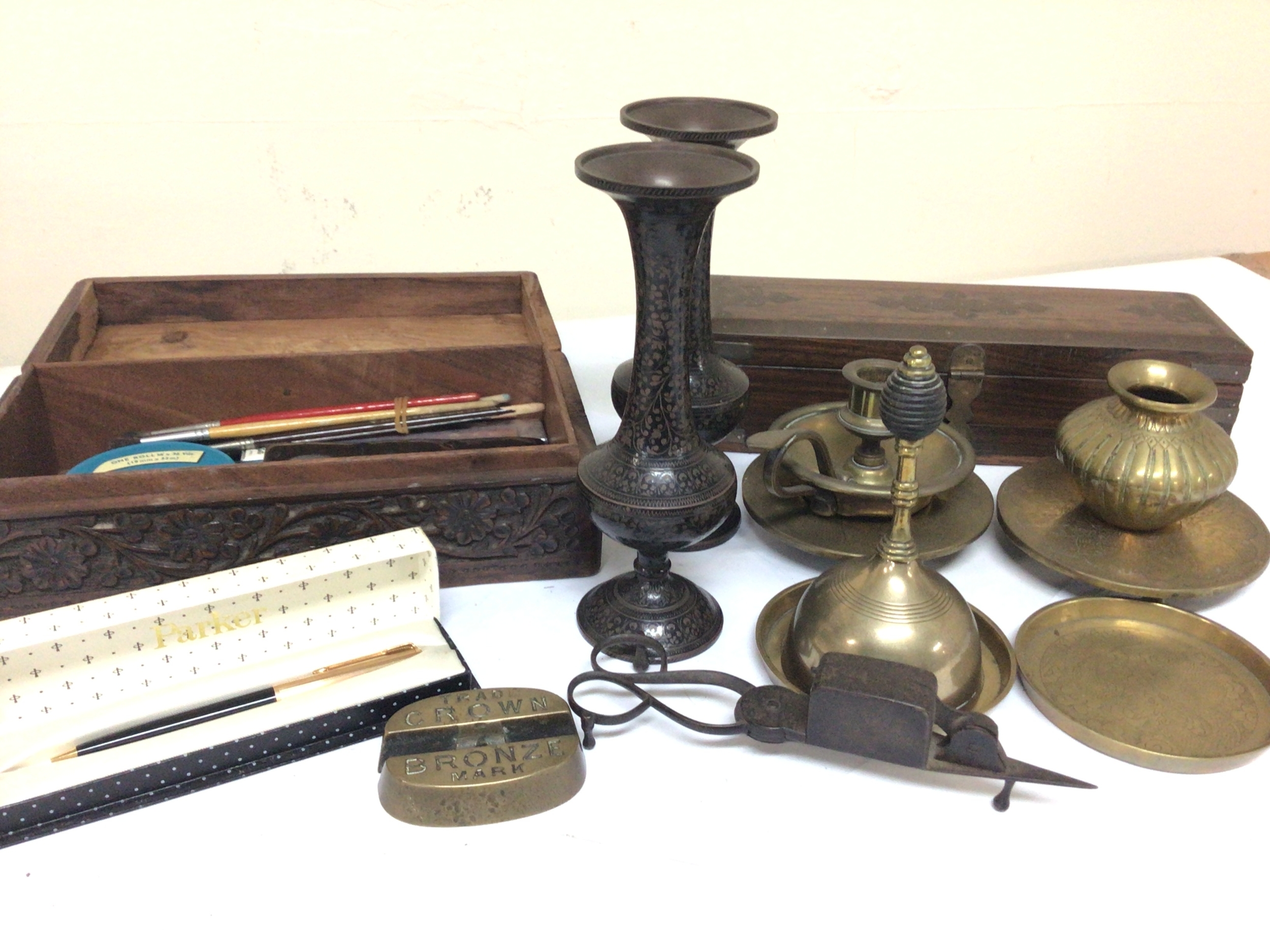 A collection of items comprising small brass Chinese dishes a pair of heavy brass vases Middle Eastern a boxed Parker pen a Minors lamp Victorian Empress Gloss box and othwr oddments