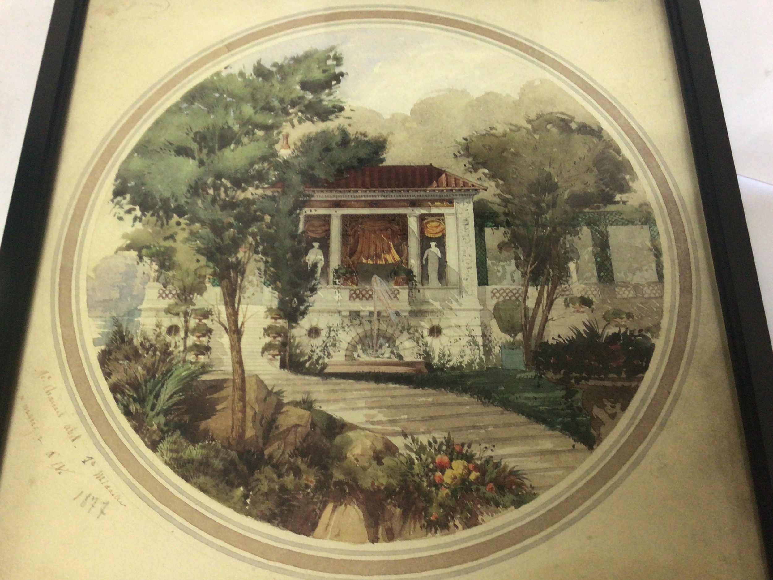 Two Prints designs of the interior of the 1878 French international Exhibition depicting themed buildings with outer edge designs. (2) 74x55cm