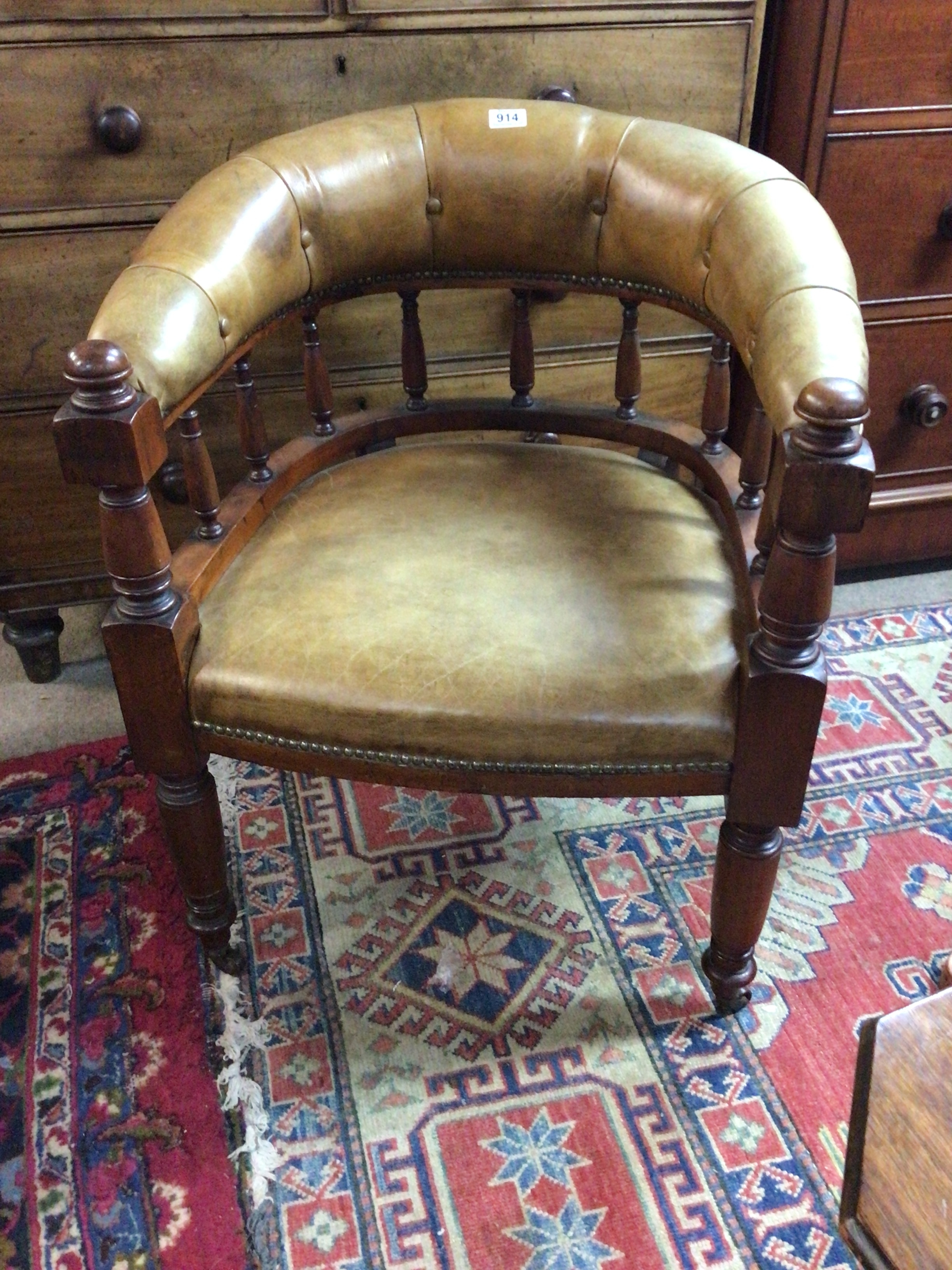  A quality late Victorian leather upholstered Library type seat with pale green leather upholstery with turned supports. Nice condition 