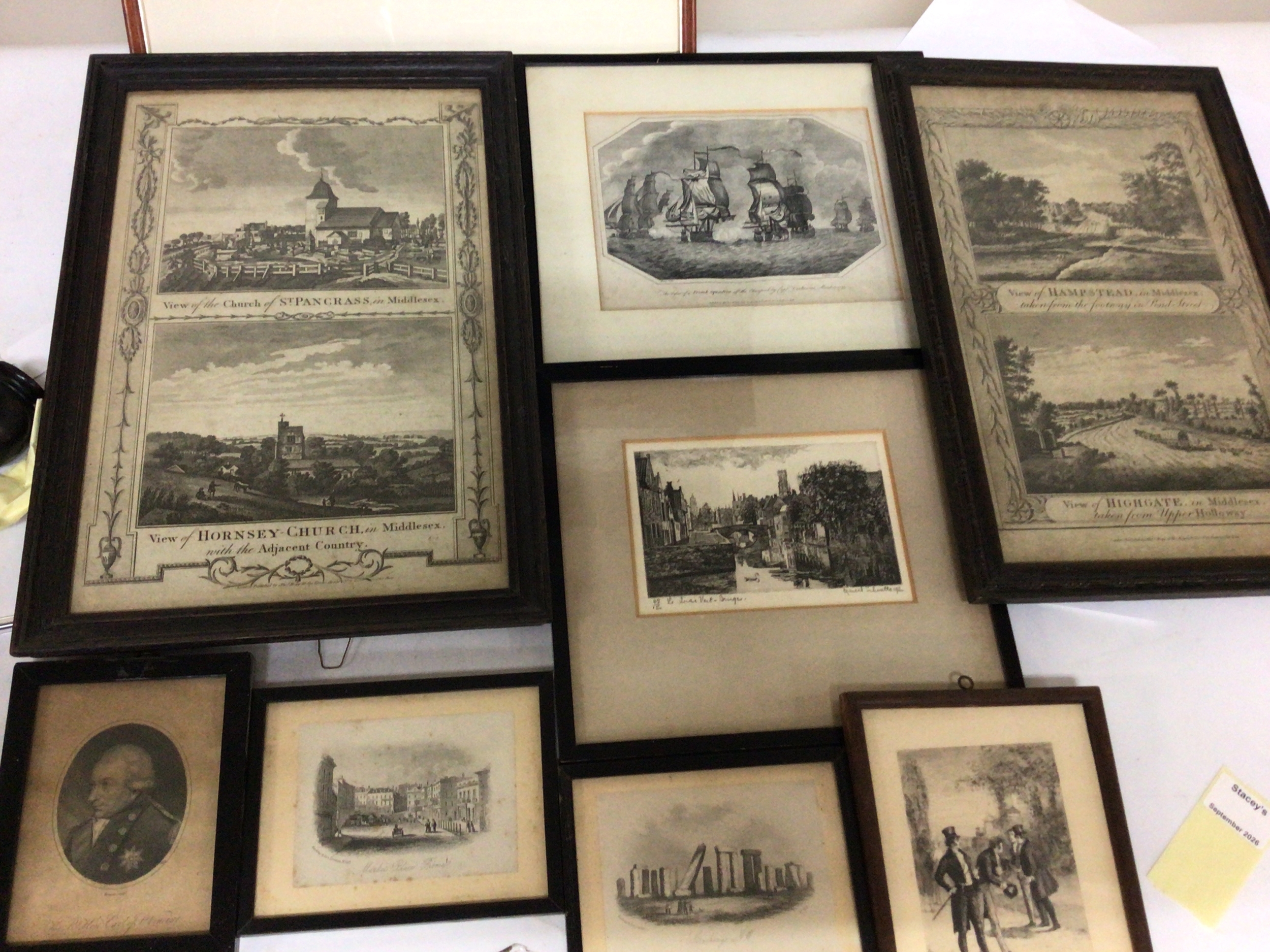  A collection of prints and drypoint engravings including early 18th century prints view of Highgate Hornsey Hampstead and many other small framed engravings 18th -20th Century.