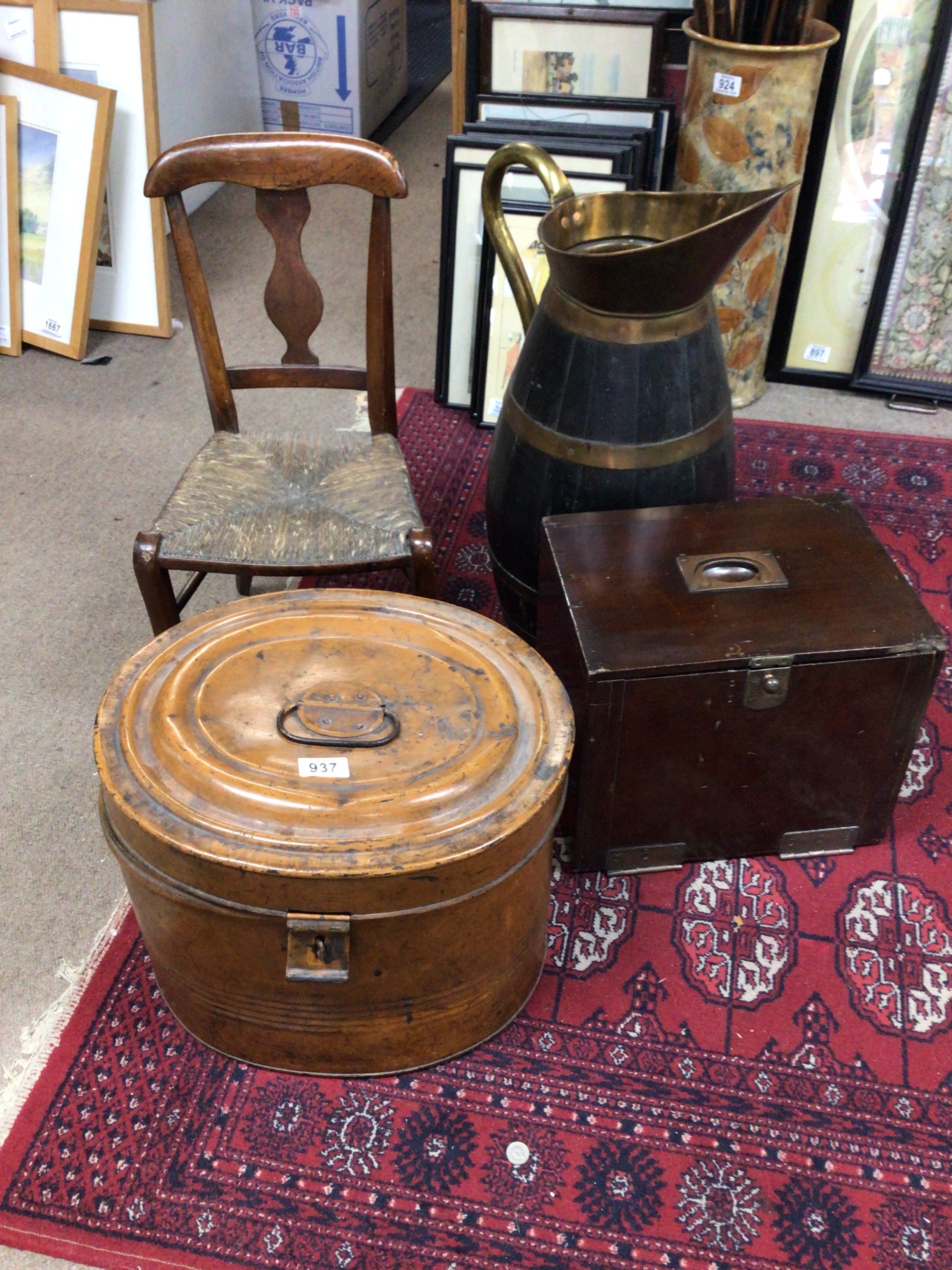  A small 19th century child's chair a tin hat box large brass bound jug and a mahogany box (4) 