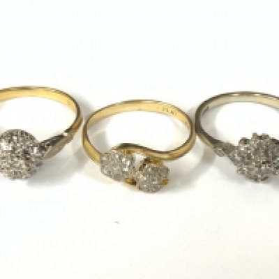 Three 18ct gold diamond cluster ring, (x1 white gold). Approx ring size L. Approx 7.2g. Postage category A