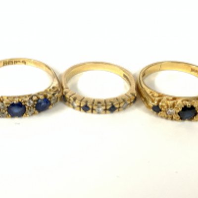 Three 18ct gold sapphire / diamond half hoop. Approx ring size J,N,P. Approx 12.3g. Postage category A
