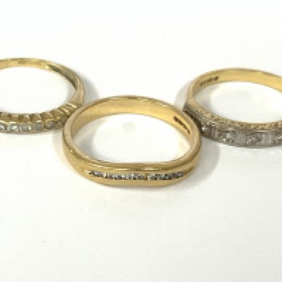 Three 18ct gold diamond half hoop rings. Approx ring size K,L,N. Approx 7.7g. Postage category A
