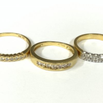 Three 18ct gold diamond half hoop rings. Approx ring size K,L,N. Approx 7.8g. Postage category A