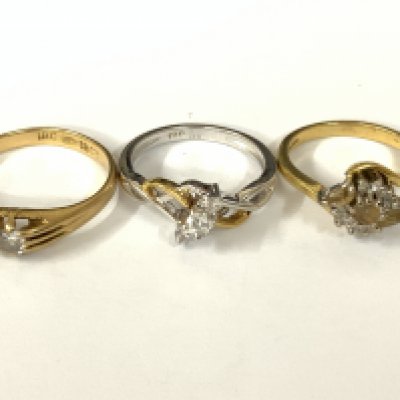 Three 18ct gold assorted diamond rings. Approx ring size J,L,N. Approx 11.5g. Postage category A