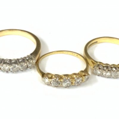 Three 18ct gold five stone diamond rings. Approx ring size I,J,N. Approx 8.5g. Postage category A