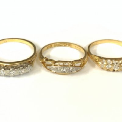 Three 18ct gold five stone diamond rings. Approx ring size L,M,P. Approx 9.3g. Postage category A