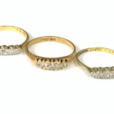 Three 18ct gold five stone diamond rings. Approx ring size N,O,Q. Approx 8.7g. Postage category A