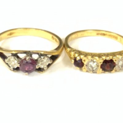 Two 18ct gold diamond / red stone rings. Approx ring size L. Approx 6.6g. Postage category A