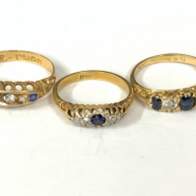 Three 18ct gold sapphire/diamond five stone rings. Approx ring size I,L,M. Approx 7.4g. Postage category A