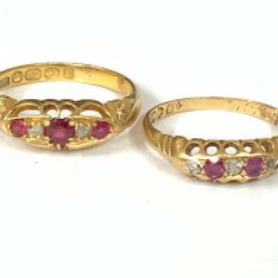 Two 18ct gold ruby/diamond five stone rings. Approx ring size L,N. Approx 6.6g. Postage category A