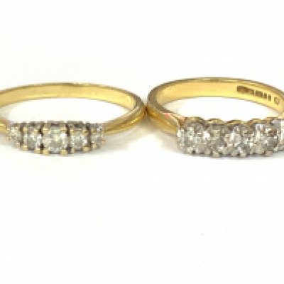 Two 18ct gold five stone diamond rings. Approx ring size K. Approx 6.4g. Postage category A