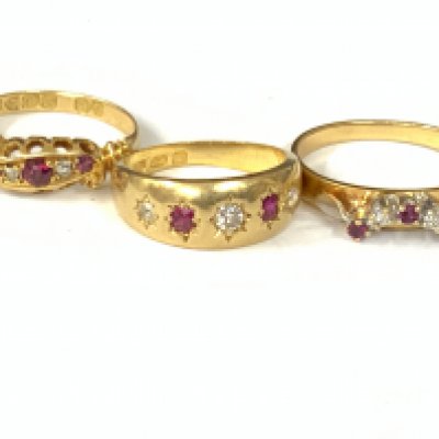 Three 18ct gold ruby / diamond five stone rings. Approx ring size H,L,N. Approx 8.9g. Postage category A
