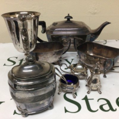 A Silver plated 19th century tea caddy a tea set condiment set and other silver plate.
