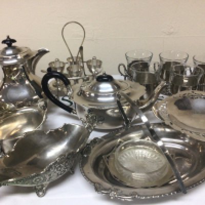 A four piece silver plated tea set and other silver plate.