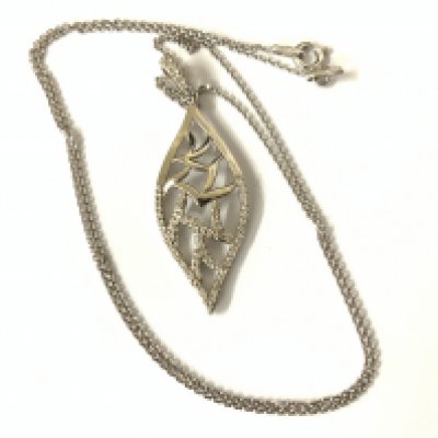 Leaf shaped pendant set with round white cubic zirconia, on silver chain. Postage category A