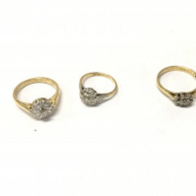 Three 18ct gold diamond cluster rings, sizes H,M,N. Approx weight 9.3grams.