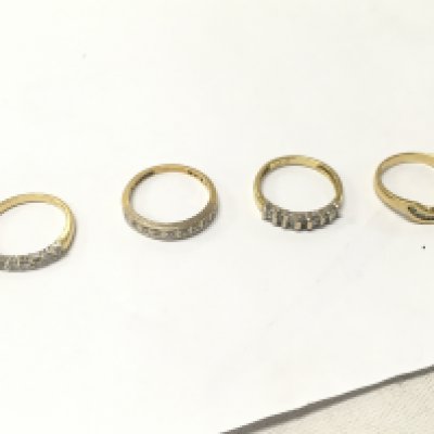Four 18ct gold diamond row set rings, sizes L,N. Approx weight 10.8 grams.