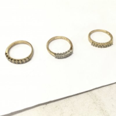 Three 9ct gold half eternity diamond rings. Size N,O,P, Approx weight 6.1 grams.