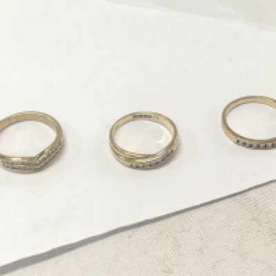 Three 9ct gold diamond row set rings. Approx weight 6.7 grams, size N,O,P.