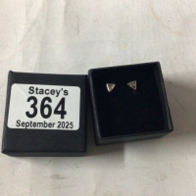 A pair of silver earrings.