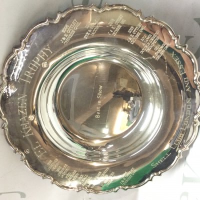 A silver hallmarked Trophy dish , El Khazen Trophy Shell Club London and Essex. 25cm wide. Postage category B