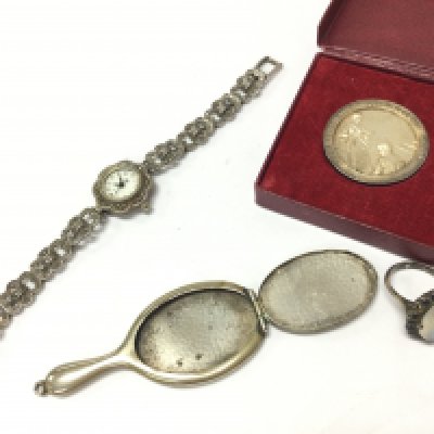 Silver smallholders championship medal, Marcasite watch ,ring and small hand mirror miniature . Postage cat a