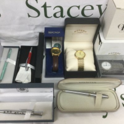 A small collection of pens and watches including boxed Sheaffer pen, boxed Rotary watch etc. Shipping category B.