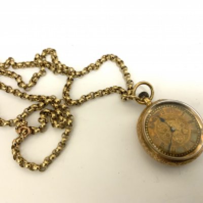 A 9ct gold chain together with an 18ct gold cased ladies pocket watch. (A)