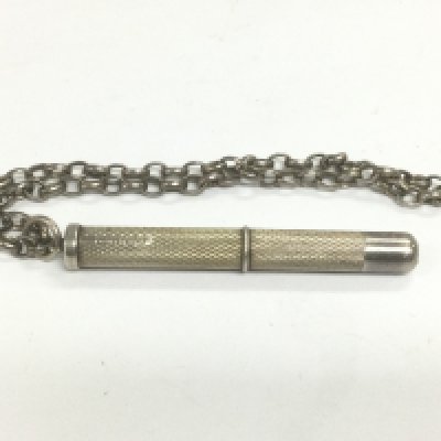 A silver toothpick suspended on a chain (not silver). Shipping category A.