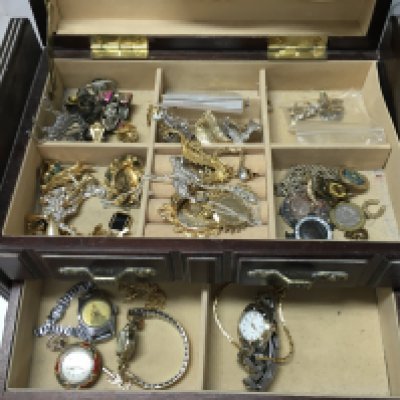 A collection of costume jewellery including a silver Argent Dore fob watch, broochesm necklaces etc. postage cat B