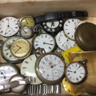 A box of watches, pocket watches, movements etc . Postage category B