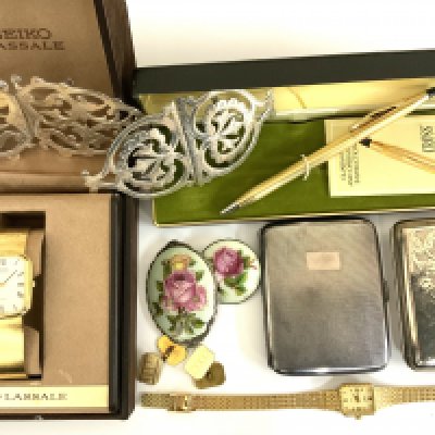 Mixed lot, Vinatge Seiko Lassale Gents gold plated quartz wrist watch, 2 hallmarked silver nurses buckles, 2 hallmarked silver and guilloche enamel brooches, Cross pen with box and papers, hallmarked silver cigarette case, plus additional items.