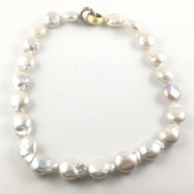 Baroque pearl necklace with brushed gold plated and silver hinged hoop clasp. Postage A