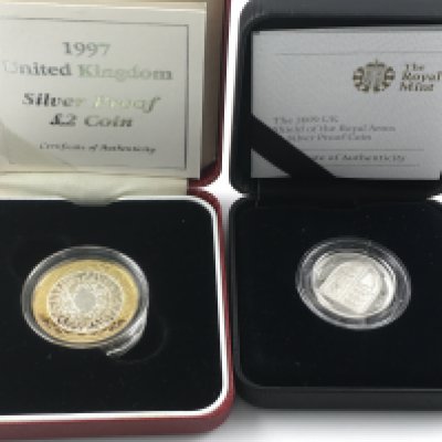 A 1997 silver proof &pound;2 coin and a 2009 Shield &pound;1 proof coin. Postage A
