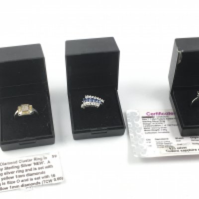 WITHDRAWN - Three silver rings including a lovely silver with platinum overlay yellow and white diamond cluster ring. Postage B