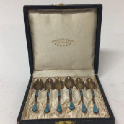A set of Norwegian silver and blue enamel tea spoons Theodor Olsen Bergen.
