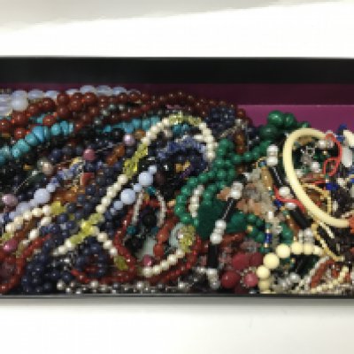 A box of pearl and semi precious gemstone jewellery including some with silver. Postage category B